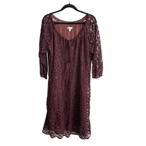 Garnet Hill Lace Dress Women 14 Burgundy Floral Leaf Scoop Neck 3/4 Sleeve Shift thumbnail 3