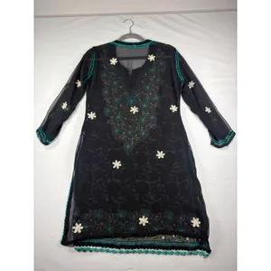 Boho‎ Floral Hand Embroidered Kurta Tunic Top Black Turquoise Scallop Trim M/L thumbnail 8