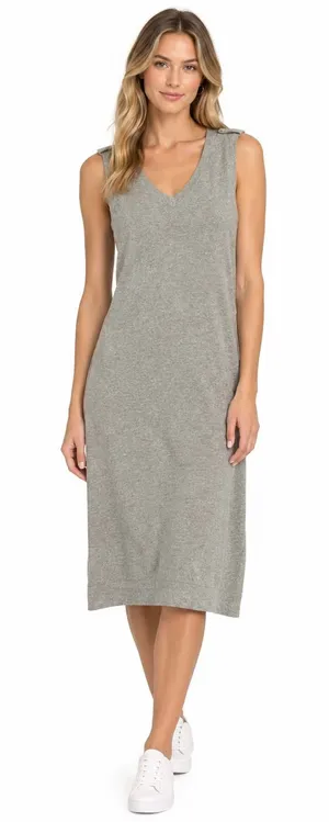 J Jill Linen Organic Cotton V-Neck Midi Dress Brown Sleeveless Epaulet thumbnail 1
