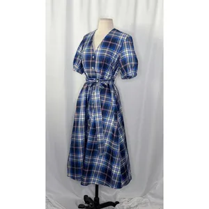 ZARA‎ Blue Plaid Taffeta Dress Belted Tie Waist Midi Buttondown Preppy Small thumbnail 7