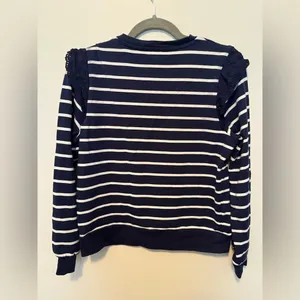 J Crew Navy and White Striped Long Sleeve Tee with Ruffle thumbnail 3