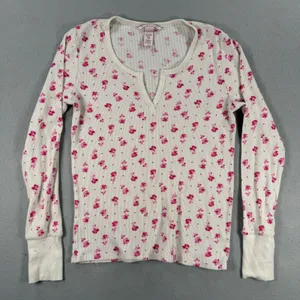 Victorias Secret Pink Floral Thermal Waffle Knit Henley Top Cream XS thumbnail 1