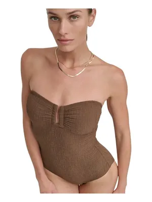 NEW DKNY Womens Textured Shirred One-Piece Swimsuit DIMMS605 Mocha Brown 2XL thumbnail 9