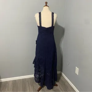 Lulus Navy Blue Holiday Sleeveless Trimmed Embroidered‎ Asymmetric Dress Sz M thumbnail 11
