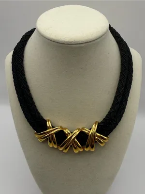 Black Braided Statement Necklace with Gold Accent thumbnail 1