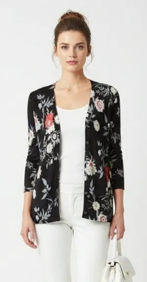 Ann Taylor Black Dark Moody Floral Knit Button Up Cardigan Sweater M thumbnail 1