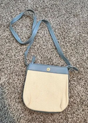 Etienne Aigner‎ Blue Leather Trim Woven Crossbody Bag Horseshoe Logo Cream thumbnail 1