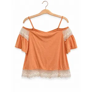 LA Hearts Womens Peach‎ Cold Shoulder Lace Trim Boho Top XS thumbnail 2