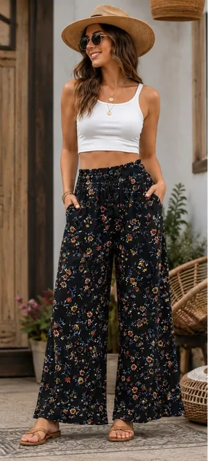 Lived To Be Spoiled Pants Womens M Black Floral Wide Leg Smocked Tassel Boho thumbnail 1
