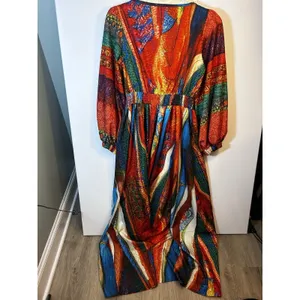 Women’s L Multicolor Abstract V-Neck Smocked Waist 3/4 Balloon Sleeve Maxi thumbnail 8