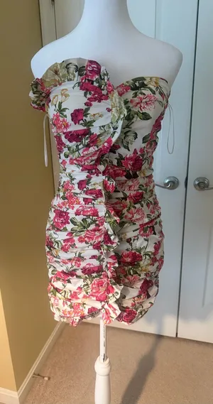 Floral Strapless Ruffle Mini Dress in White, Pink & Green thumbnail 1