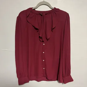 Ann Taylor Maroon Ruffled Bib Collar Blouse thumbnail 1