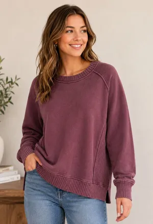 Aerie Women Oversized‎ Ribbed Side Panel Crewneck Sweatshirt Burgundy XS thumbnail 1