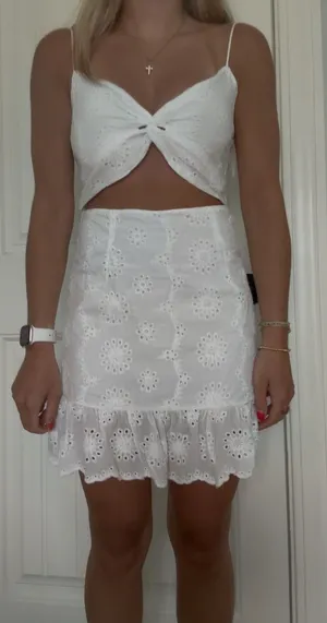 White eyelet lace mini dress with cut-out design thumbnail 1