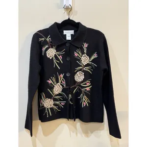Susan Bristol Women Embroidered Cardigan Sweater Size Medium 100% Wool‎ 90's Y2K thumbnail 2