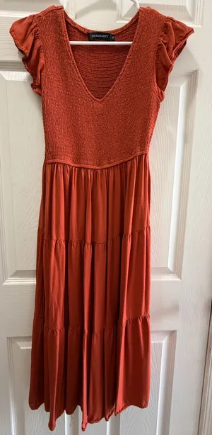 MEROKEETY Tiered Maxi Dress Size M Rust Orange Smocked Bodice thumbnail 1