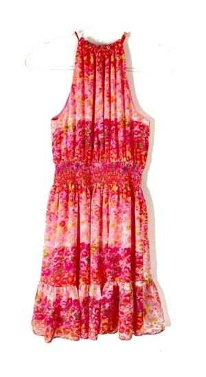 Zara Basic Pink Floral Pleated Ruffle Halter Neck Mini Dress Womens Medium thumbnail 1