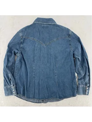 Vintage 90s Denim Western Shirt Pearl Snaps Route 66 Cowgirl Rodeo Country Large thumbnail 3