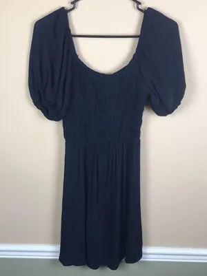 NWT Blue Rain Women’s Smocked Bodice Puff Sleeve Navy Blue Dress thumbnail 3