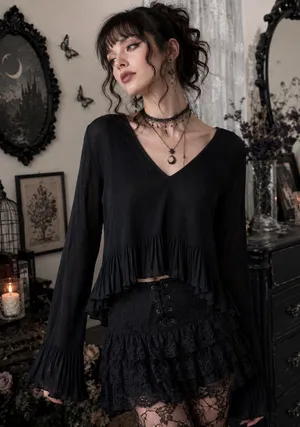 Madewell Pleated V-Neck Bell Sleeve Top Black Womens Medium Camisole‎ Lined goth thumbnail 1