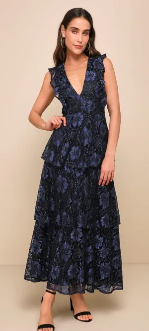 NWT Lulu's Molinetto Navy Blue Lace Ruffled Tiered Maxi Dress Size M thumbnail 1