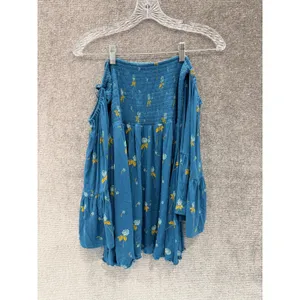 Free People Top Size S Blue Smocked Off-The-Shoulder Floral Bell Sleeve Boho‎ thumbnail 7