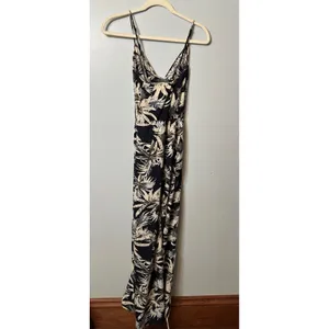 Blu Pepper Women Black Ivory Tropical Palm Leaf Print Wrap V-Neck Maxi Dress S thumbnail 2