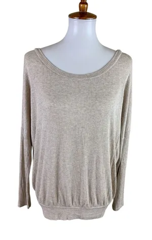 Eberjey Beige Ribbed Dolman Top S Cozy Minimalist Quiet Luxury Lounge Pajama Top thumbnail 1