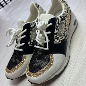 Steve Madden Cliff Barra Fashion Wedge Sneakers Black Gold Multi Lace Sequin thumbnail 1