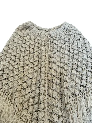 Vintage Cream Open Weave Crochet Knit Poncho Fringe Boho Chic Cottagecore thumbnail 3