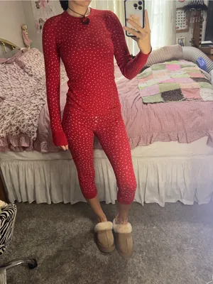 Y2K Victorias Secret Pink Red Heart-Print Long Sleeve Thermal Pajama Set thumbnail 2