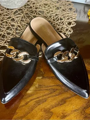 EasySmile Black Pointed Toe Mule Loafers Gold Chain Women’s Size 8 thumbnail 3