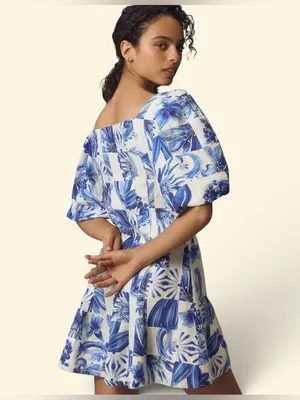 Farm Rio Garden Tiles Linen Puff Sleeves Mini Dress Size Large thumbnail 2