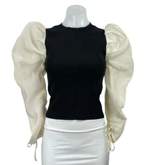 Zara Mixed Media Organza Long Puff Balloon Sleeve Crew Neck Sweater Blouse Top S thumbnail 1