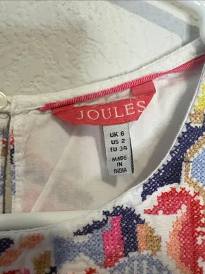 Joules White Sleeveless Dress with Multicolor Embroidered Yoke linen/cotton thumbnail 2