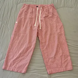Red White Seersucker Cotton Striped Cargo Lounge Pants Large Elastic Drawstring thumbnail 1