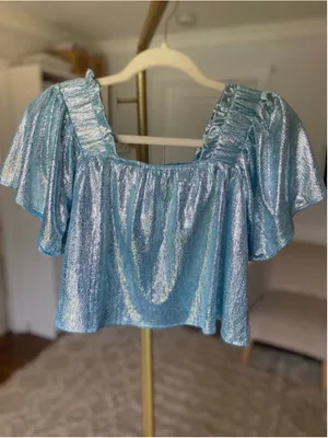 Queen of Sparkles Metallic Crop Top Blue Puff Sleeve XS Festival Party Glam Boho thumbnail 2