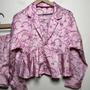 Free People Women PJ Set M Pink Beauty Sleep‎ Blushing Combo Bow Floral Peplum thumbnail 3