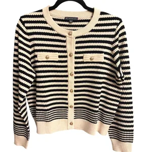 Adrianna Papell Wool blend cream black striped pointelle cardigan Size M thumbnail 2