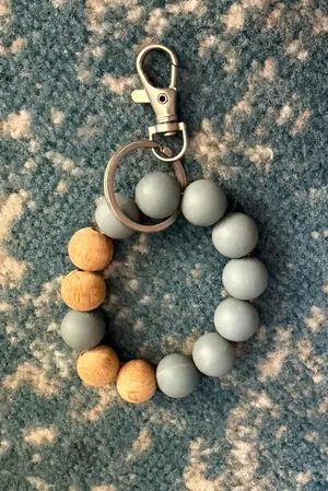 Beaded Wristlet Keychain - Light Blue and Natural Wood thumbnail 1