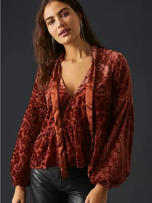 Anthropologie Rust Floral Velvet Tie-Neck Long Sleeve Peplum Blouse Size Medium thumbnail 1