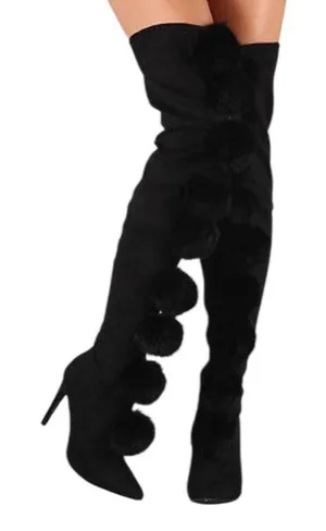 Cape Robbin Black Pom-Pom Knee-High Stiletto Boots 8.5 thumbnail 1