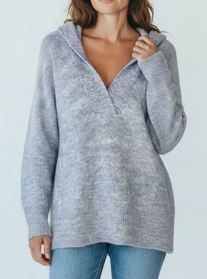 LOFT Lounge Sweater Womens Small Blue Hooded V-Neck Knit Pullover Relaxed Soft thumbnail 1