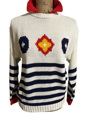 Chicken Face Intarsia Knit Sweater Women M White Blue Red Nautical‎ Coastal thumbnail 1