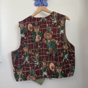 Vintage Retro Open Vest‎ Christmas Bear Nutcracker Red Plaid Relaxed Oversized thumbnail 3