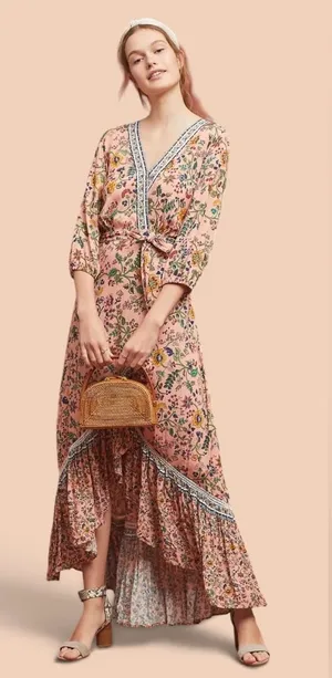 FARM Rio 100% Viscose Pink Floral Wrap Long Sleeve Maxi Dress Size Medium🌸💗 thumbnail 1