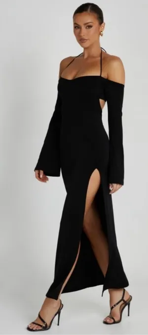 Meshki Tia Slinky Off Shoulder Flare Bell Long Sleeve Maxi Dress Black Size XS thumbnail 1