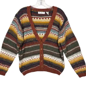 Vintage Womens Fair Isle Striped Knit Cardigan Sweater Buttons V Neck Wool Sz M thumbnail 2