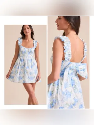 ARULA Alexa Blue Floral Bow Back Ruffle Mini Dress Size 2X thumbnail 2