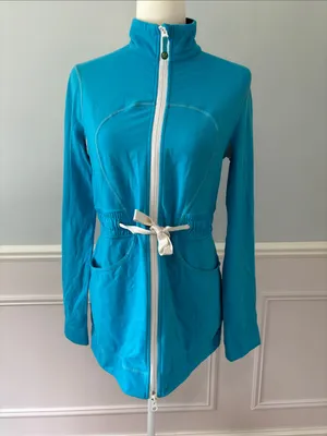 Lululemon Yohari Zip Front Jacket 10 Blue Mock Neck Tie Waist Sweatshirt Top thumbnail 2